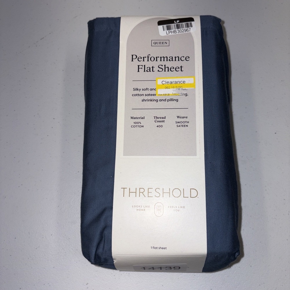 Threshold Performance 100% Cotton Sateen QUEEN Flat Sheet Blue 400 TC Smooth